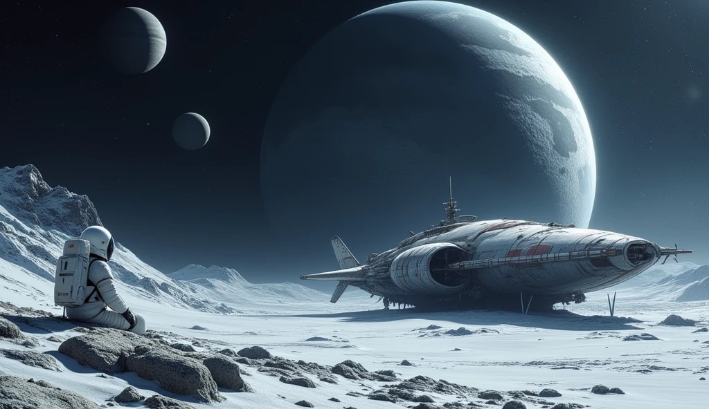 panorama, sideways, space, you can see a crashed starship, lonely astronaut sits near the remains of a starship and looks at it, snow, loneliness, lonely dark space, Saturn Moon