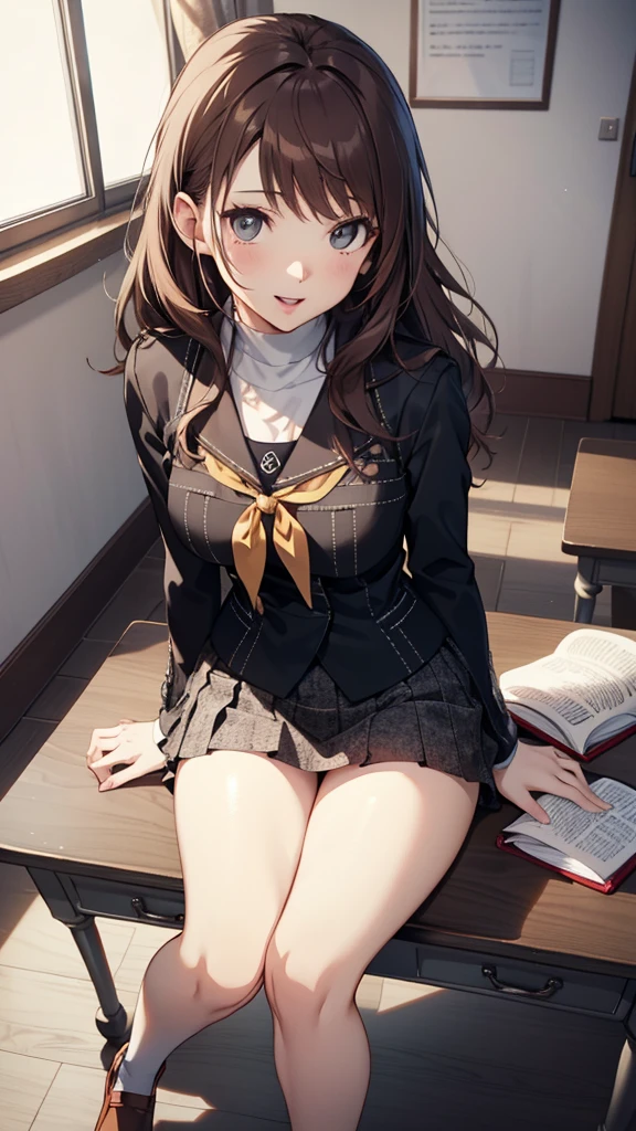 ((masterpiece,  best quality,  high definition,  perfect pixel, 4K, ))),  1 girl, single, Alone, Beauty、The whole body is visible、 ((kujikawarise,uniform,Low-rise super mini skirt )), (( beautiful eyelashes ,   Real Eyes )), (( detailed face,  blanking in books:1.2)), ((Smooth texture:0.75,  Realistic texture :0.65, Realistic:1.1,  anime CG style)),,  Dynamic Angle,  PERFECT BODY , (( )),  unattended classrooms、 sitting at a desk 、evening、 happy smile:1.8、( flips her skirt with her right hand、Spread your legs、Spread your knees)、 angle from below ,Flushed Cheeks:1.8,Slightly open mouth,Sexy lips,nsfw,pussy juice:1.8, Dynamic Angle