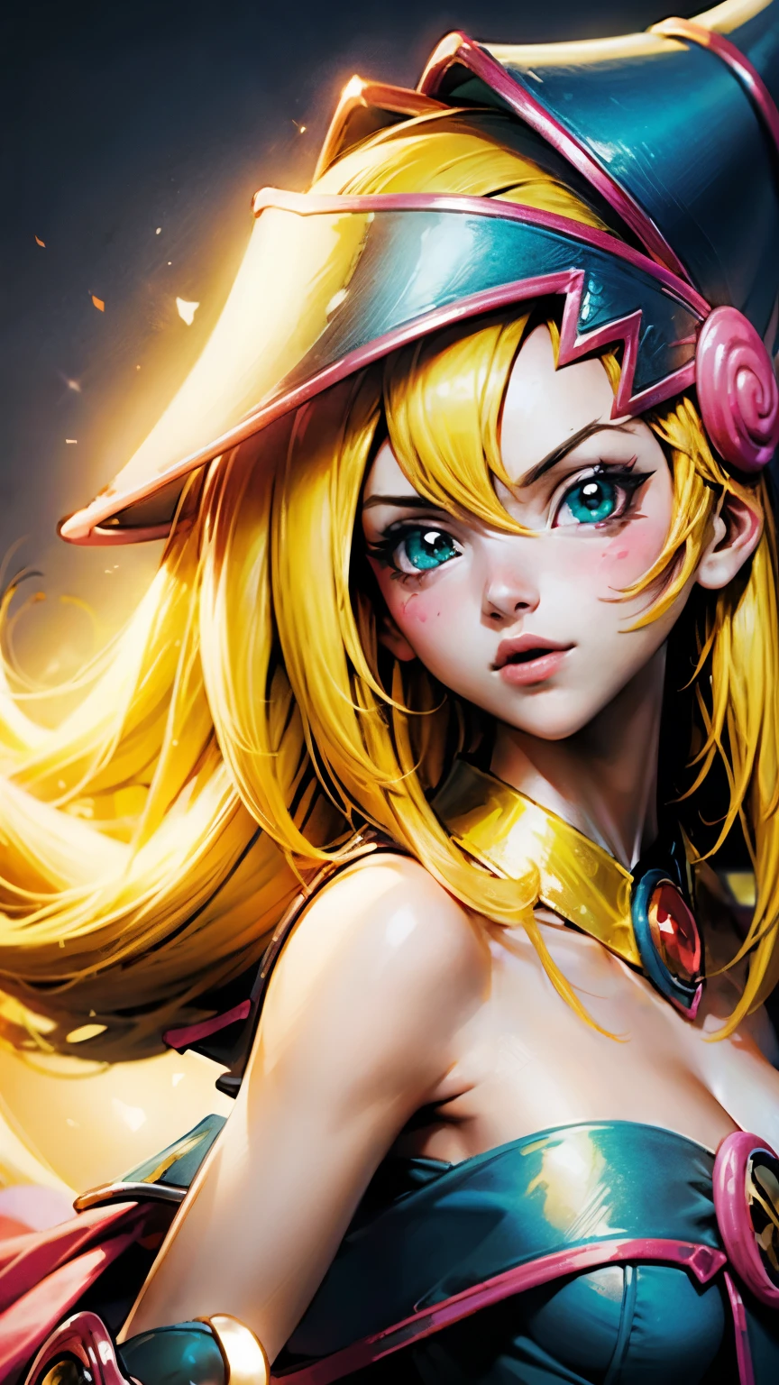  Portrait dark magician girls 、、expresión bright、 ponytail、young, glossy, bright, piel Blanca、Cheek highlighting、the best beauty 、Of course,  silky blonde hair with dazzling reflections 、Cabello bright y bright,、Super long silky straight hair、Flequillo hermoso y bright、Grandes ojos azules brights como joyas brights.、 very beautiful cute  girl 、wide bust 