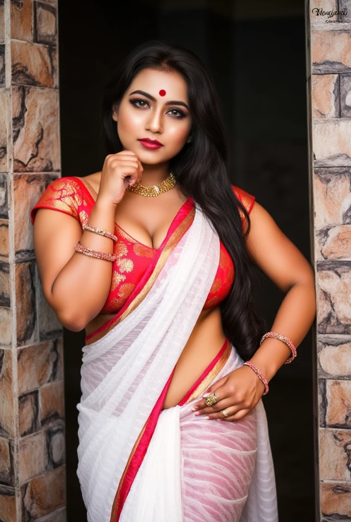 Description:
Picture a stunning Bengali woman with a seductive aura in her mid-20s, exuding confidence and charisma. She wears a classic yet provocative red-and-white saree, styled to reveal her figure, with the saree’s pleats low on her hips to accentuate her hourglass shape and a hint of midriff. The saree fabric is sheer silk, slightly translucent, allowing a subtle glimpse of her toned legs beneath, while the vibrant red border highlights her curves. Her blouse, in a daring zebra print, is form-fitting and low-cut, showing off her ample cleavage with just a hint of lace at the edges for an extra tease.

Her pallu drapes loosely over her shoulder, cascading down her side, with one end pulled back across her chest in the traditional Bengali style but adjusted to enhance her curves in an enticing way. Her posture radiates sensuality, with her hip slightly cocked, giving her stance a sultry, unapologetic confidence.

Accessories & Makeup:
Her eyes are bold and inviting, lined with dark kohl that enhances her intense gaze. She has a rich, crimson lipstick that perfectly complements her smoldering look, and a large red bindi that draws attention to her expressive face. Her long, wavy black hair is styled with a slight messy charm, cascading down her bare back, adding to her untamed allure.

She accessorizes with traditional gold bangles and anklets, but with a hint of modern edge: one ankle has a delicate chain that adds a playful touch. Her neckline is adorned with a gold choker that emphasizes her collarbones, while gold hoop earrings dangle just enough to brush her shoulders with each movement. Her fingers are adorned with a few statement rings, completing her look with just a hint of rebellious charm.

Pose & Setting:
She’s leaning against an old, wooden doorframe of a traditional Bengali house, adding a touch of rustic charm to the scene. One hand rests on her hip while the other lightly holds the end of her pallu, her fingers suggestively playing with the fabric