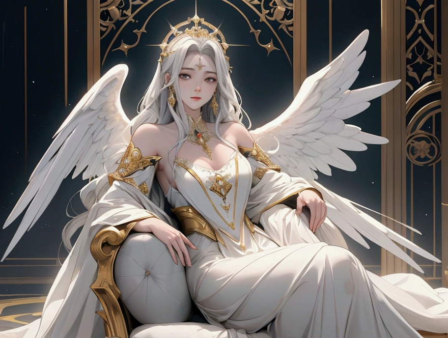 masterpiece,best_quality,indoor (cathedral style),1girl,solo,golden baroque style,intricate,complicated lace dress,long_dress,gloves,blush,silver blue_hair,perfect_face,soft light,medium shot,<lora:angel_wings_v10-09:0.8>,angel,angel_wings,