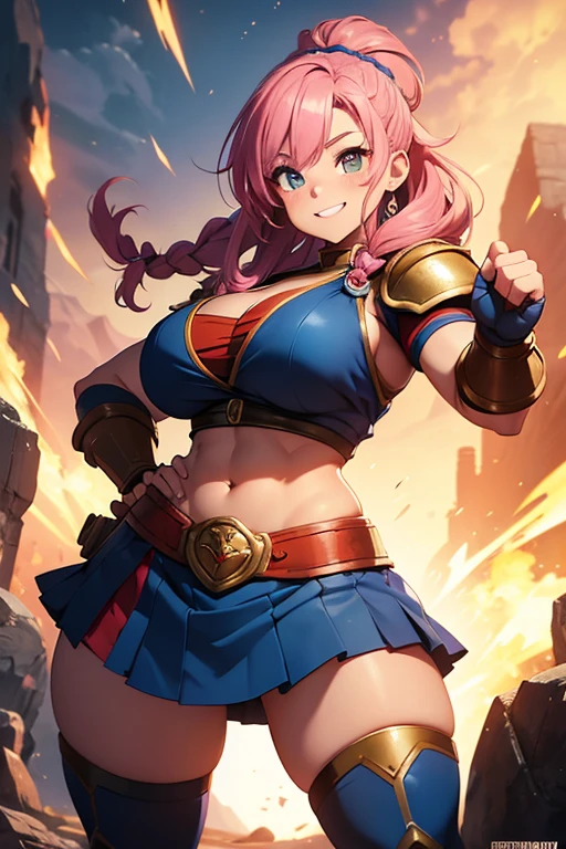 beautiful dwarf girl, solo female, dwarf DND female, action pose, highly detailed hands, freckles, pink hair, long braid, hazel eyes, medium sized chest, muscled, athletic, sexy armor, short stature, blue armor, red skirt, wide shoulders, sexy mini skirt, short woman, smile, adventurer gear, fighter, muscled abdomen, sexy abdomen, curvy body, curvy figure, muscled biceps , happy expression, masterpiece, action pose, highest detail, anime, dragon ball style.