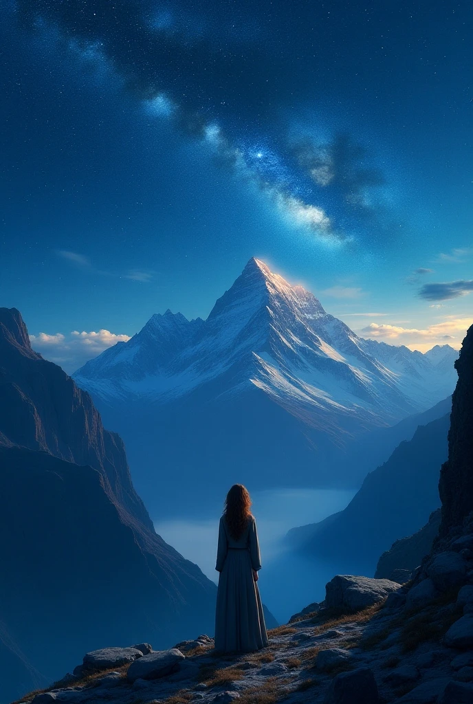a sexy girl lying on the top of a mountain looking at the starry sky (many stars) and a shooting star falls on it