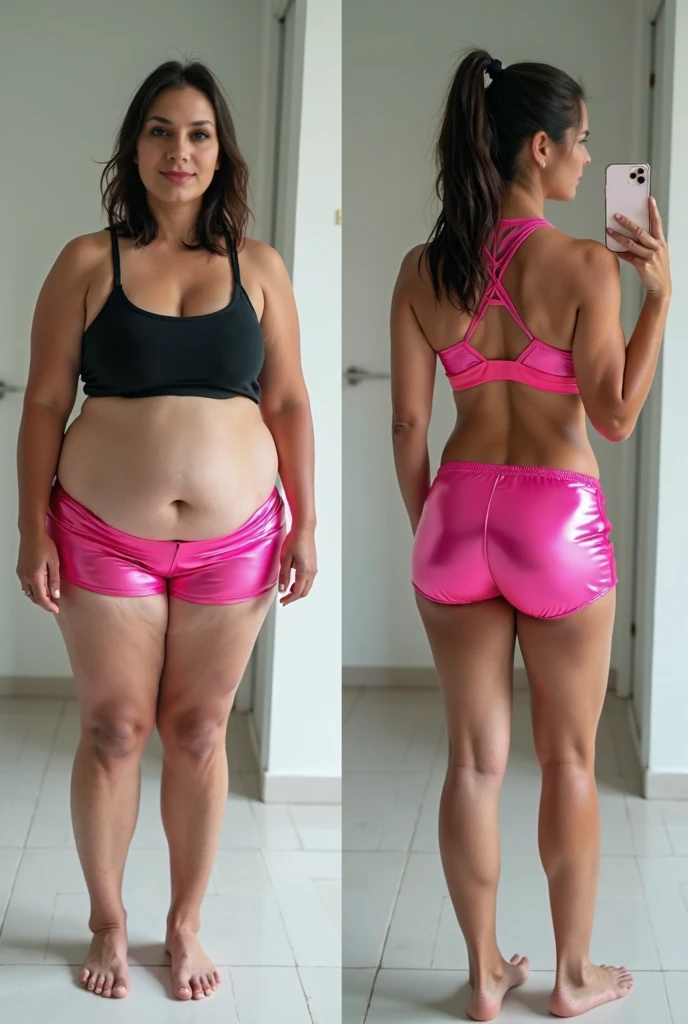 arafed woman in a black bikini and a black bra, skinny waist and thick hips, short flat hourglass slim figure, before and after, 3 5 year brazilian mother, she is about 30 years old, she is about 3 0 years old, fit curvy physique, 30-year-old woman from cuba, she is about 40 years old