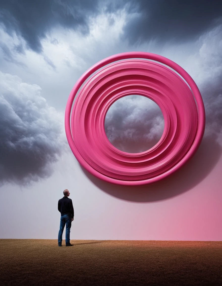 Chad is standing in front of a large piece of abstract art. The art is titled "In the Loop:0.0". The piece features several interconnected rings or loops painted in bright, inviting colors. The colors are predominantly pink. Chad is looking at the art with a sense of awe and wonder. In the distance, there is a storm brewing, with dark clouds and lightning flashes. The storm adds a sense of drama and intensity to the scene.