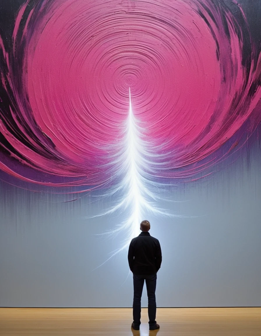 Chad is standing in front of a large piece of abstract art. The art is titled "In the Loop:0.0". The piece features several interconnected rings or loops painted in bright, inviting colors. The colors are predominantly pink. Chad is looking at the art with a sense of awe and wonder. In the distance, there is a storm brewing, with dark clouds and lightning flashes. The storm adds a sense of drama and intensity to the scene.