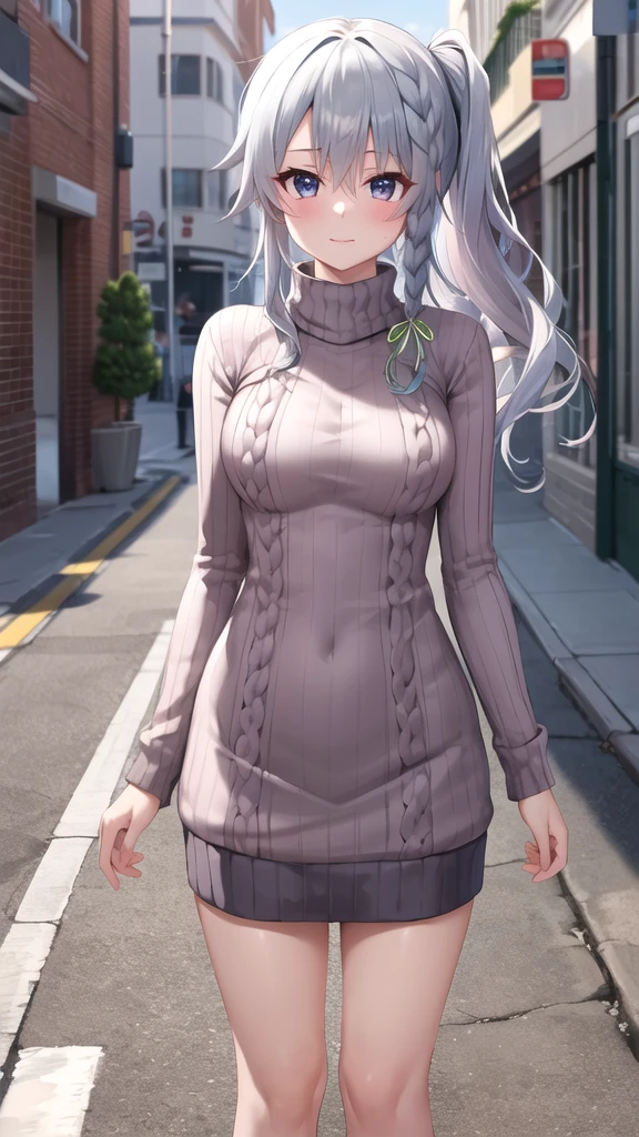 masterpiece, best quality, highres, aasora, braid, long hair, side ponytail, hair ribbon, (sweater dress:1.1), virgin killer sweater, ribbed sweater, turtleneck, street, standing, cowboy shot