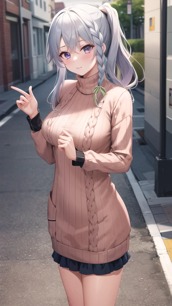 masterpiece, best quality, highres, aasora, braid, long hair, side ponytail, hair ribbon, (sweater dress:1.1), virgin killer sweater, ribbed sweater, turtleneck, street, standing, cowboy shot