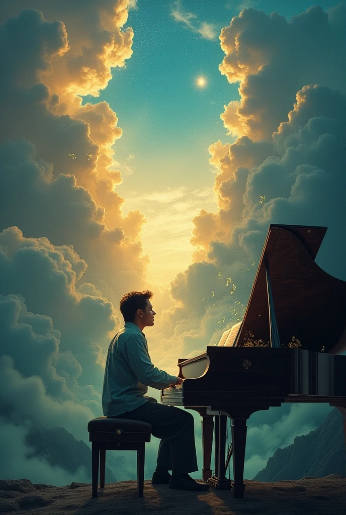 Siluette of a man playing the piano on a cloud