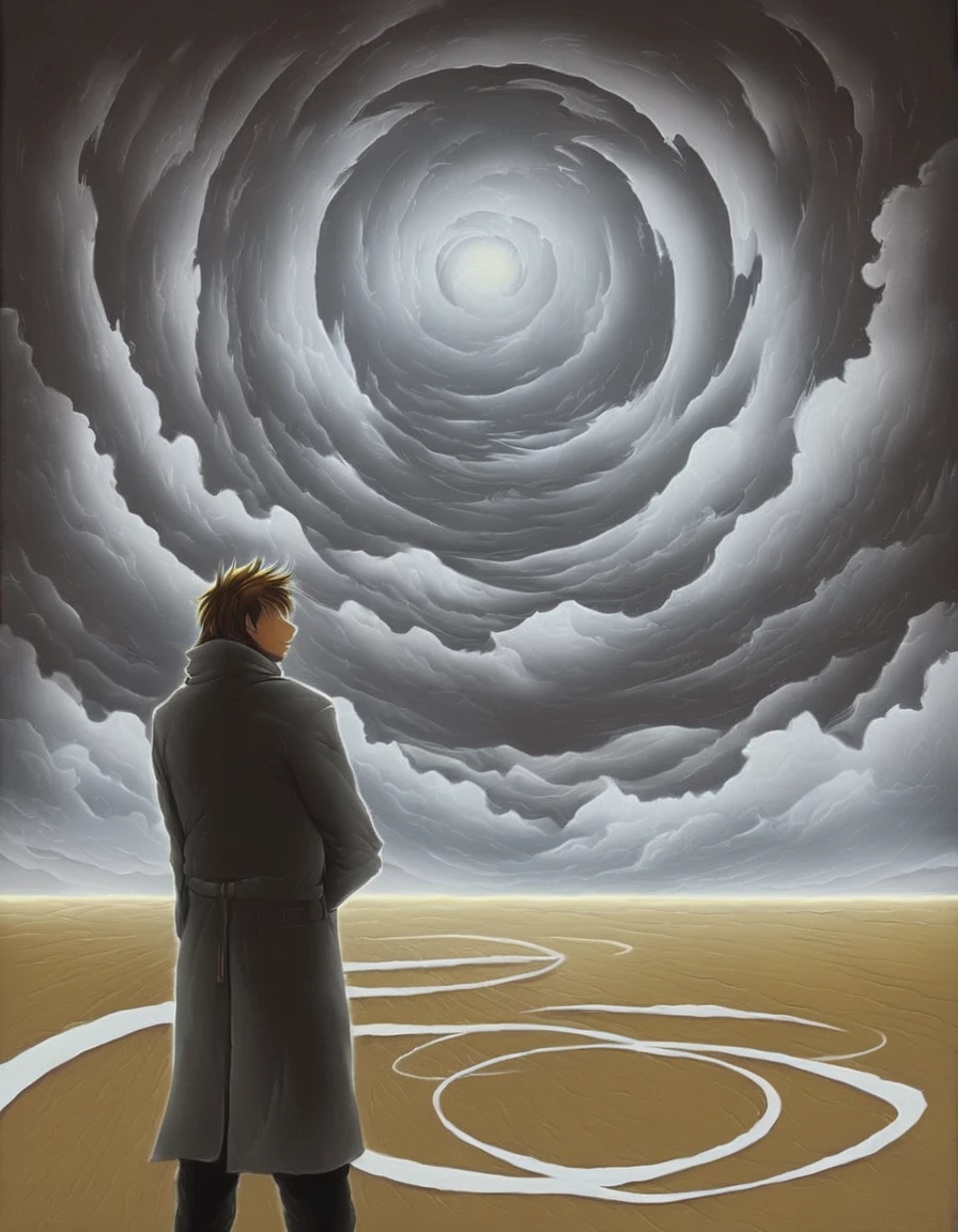 Chad is standing in front of a large piece of abstract art. The art is titled "In the Loop:0.0". The piece features several interconnected rings or loops painted in bright, inviting colors. The colors are predominantly pink. Chad is looking at the art with a sense of awe and wonder. In the distance, there is a storm brewing, with dark clouds and lightning flashes. The storm adds a sense of drama and intensity to the scene.