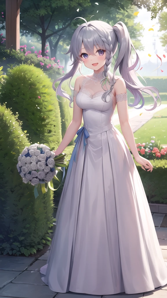 masterpiece, best quality, highres, aasora, braid, long hair, side ponytail, hair ribbon, wedding dress, standing, garden, confetti, holding bouquet, smile, open mouth,