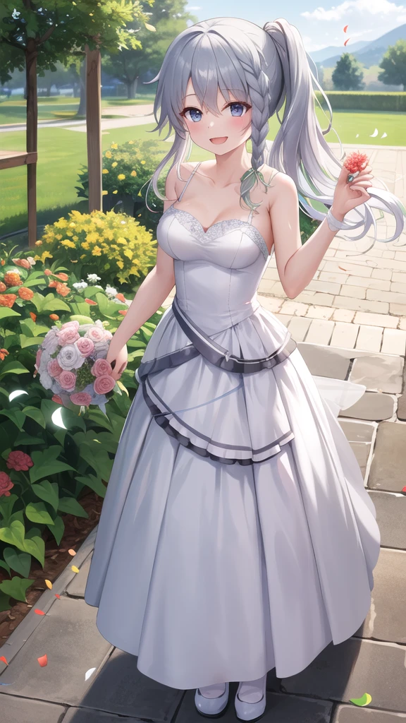 masterpiece, best quality, highres, aasora, braid, long hair, side ponytail, hair ribbon, wedding dress, standing, garden, confetti, holding bouquet, smile, open mouth,