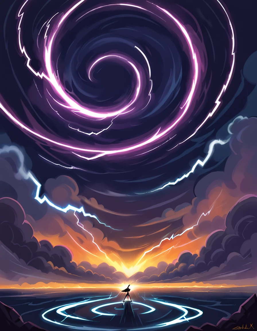 Chad is standing in front of a large piece of abstract art. The art is titled "In the Loop:0.0". The piece features several interconnected rings or loops painted in bright, inviting colors. The colors are predominantly pink. Chad is looking at the art with a sense of awe and wonder. In the distance, there is a storm brewing, with dark clouds and lightning flashes. The storm adds a sense of drama and intensity to the scene.