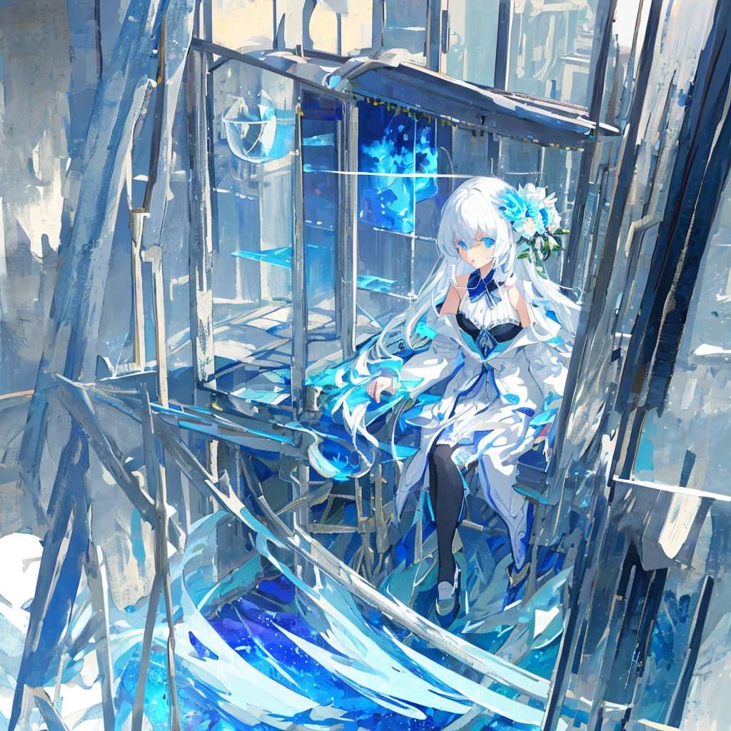 [(white background:1.4)::5], [(transparent background:1.3)::5],
\\
masterpiece,best quality,extremely detailed CG unity 8k wallpaper,white hair,long_hair,hair glass flower,Cyan eyes,small breasts,ink and wash painting,blue theme,trench_coat,glass land,1girl,flat shading,upper body,bare shoulders,hidden hands,beautiful eyes,full body,sitting,