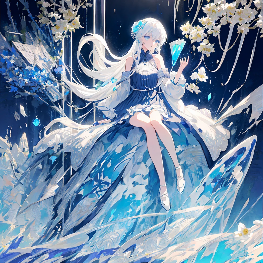 [(white background:1.4)::5], [(transparent background:1.3)::5],
\\
masterpiece,best quality,extremely detailed CG unity 8k wallpaper,white hair,long_hair,hair glass flower,Cyan eyes,small breasts,ink and wash painting,blue theme,trench_coat,glass land,1girl,flat shading,upper body,bare shoulders,hidden hands,beautiful eyes,full body,sitting,