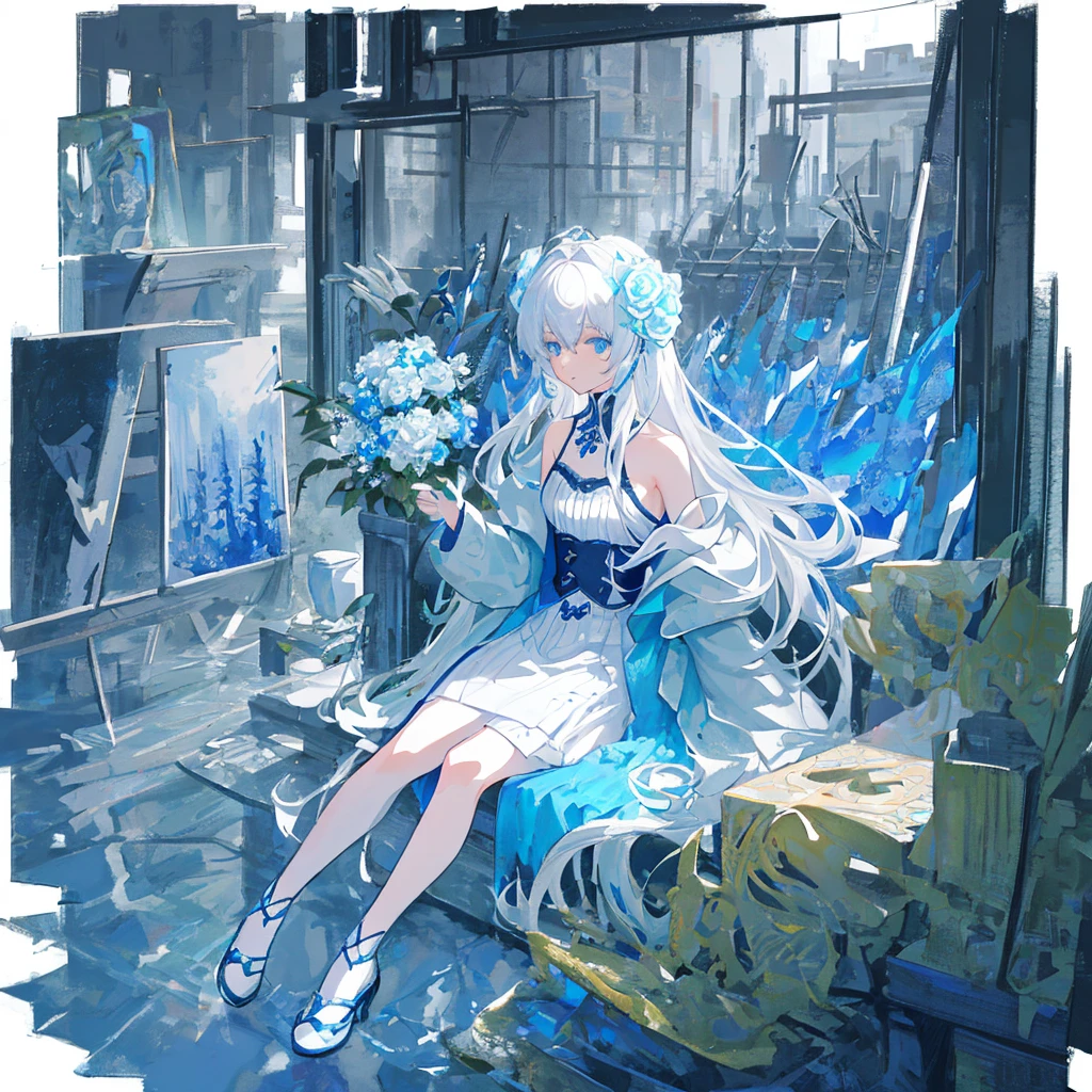 [(white background:1.4)::5], [(transparent background:1.3)::5],
\\
masterpiece,best quality,extremely detailed CG unity 8k wallpaper,white hair,long_hair,hair glass flower,Cyan eyes,small breasts,ink and wash painting,blue theme,trench_coat,glass land,1girl,flat shading,upper body,bare shoulders,hidden hands,beautiful eyes,full body,sitting,