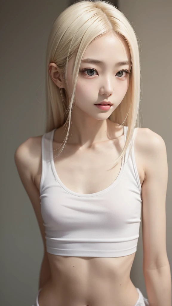 Create a photo of a korean Asian teenager,beautiful girl, ((blonde hair)),10yo,narrow eyes:1.5,slimface,armpits,whitetnaktop,nounderarmhair