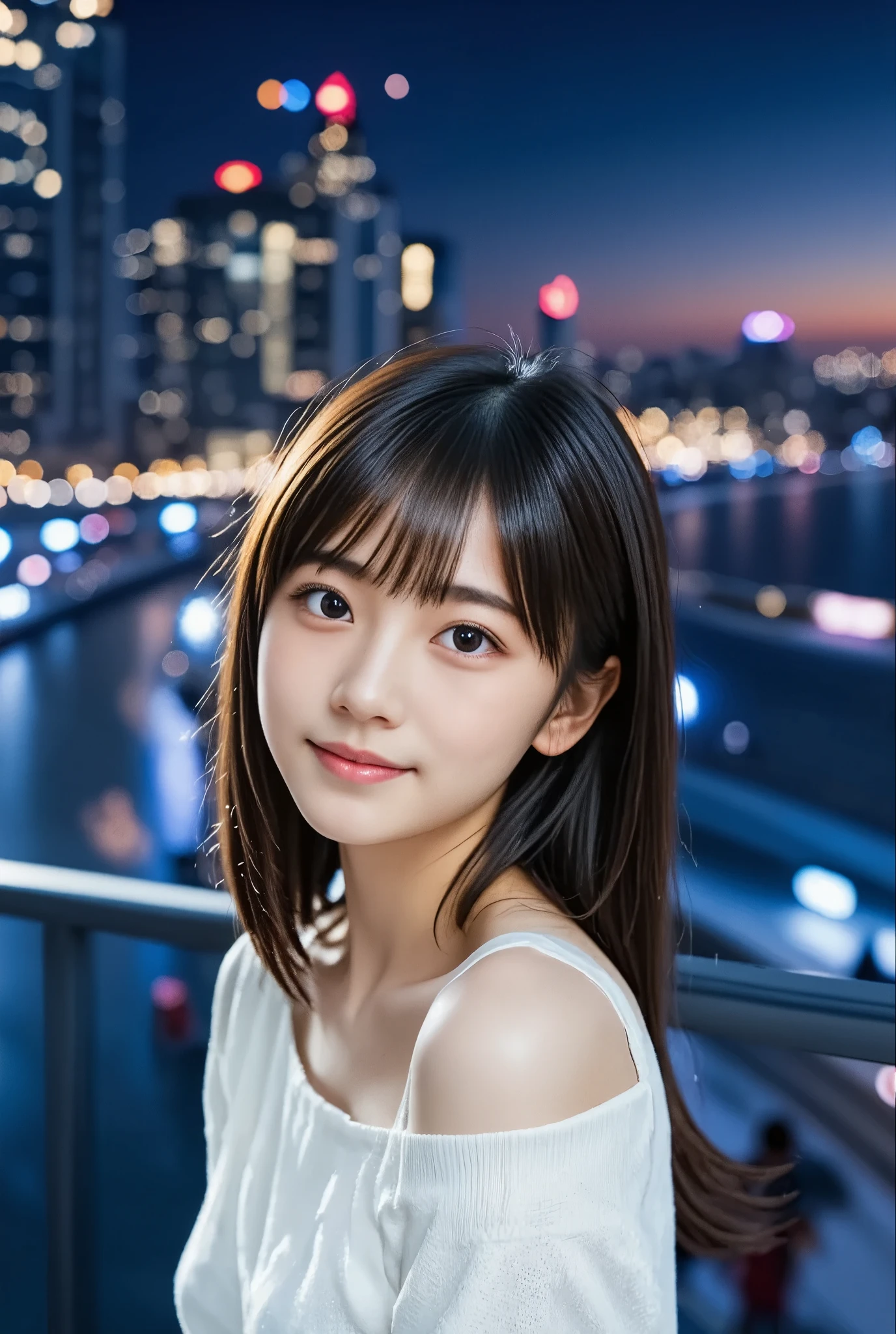 (nsfw:1.5), (masterpiece, best quality:1.2), 1girl, Alone, High school girl、Baby Face, ( very cute face:1.3), Black Hair, (( short hair)), (Cute white off-the-shoulder sweater )), (( sexy)), (smile), ( The background is beautiful city lights and Christmas trees at night),