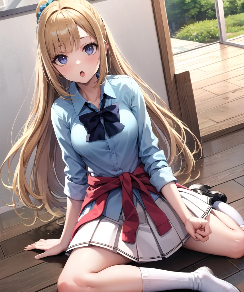 From above, (Squint your eyes:1.2), close, One Girl, blush, sit, nsfw,beautiful girl　 Wear a uniform, Light blue skirt, Long skirt, small bow, small bow, Anime movie