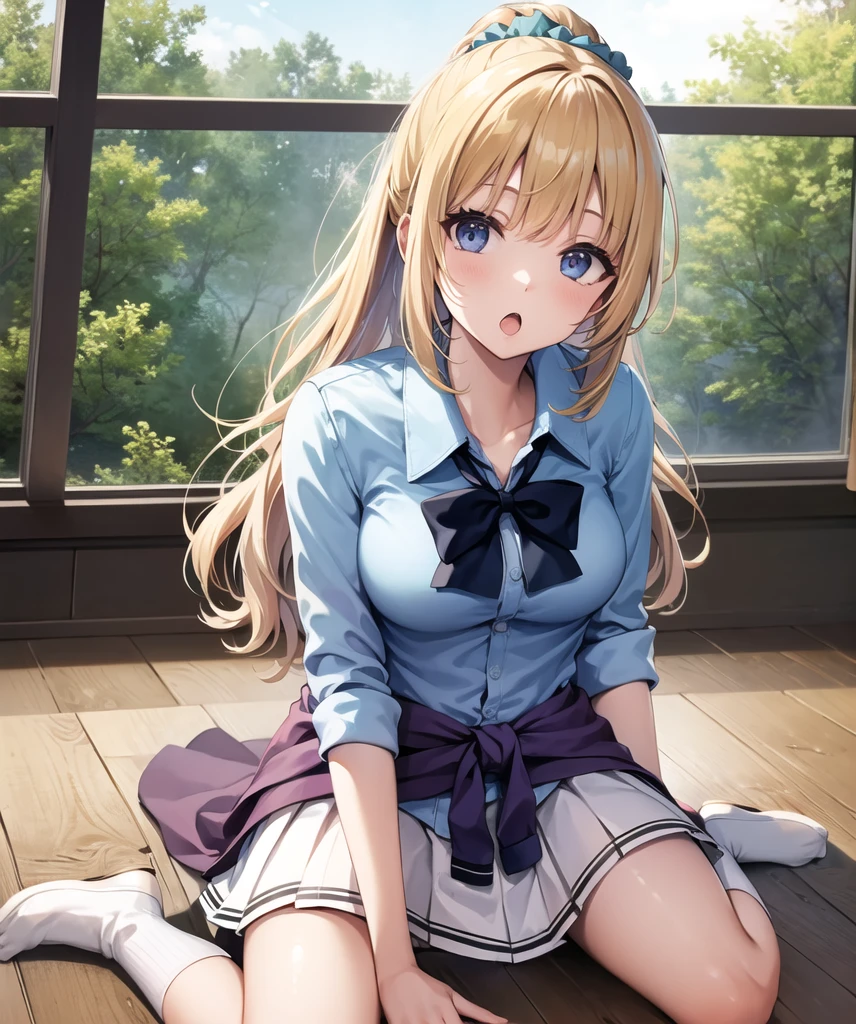 ((highest quality、High resolution、Highly detailed CG Unity 8K wallpaper))、detailed face、perfect body、unparalleled beauty、beautiful breasts、spread your legs wide、((She lifts up her skirt and shows no panties、sexy expression))、((((Straddling a man、having sex))))