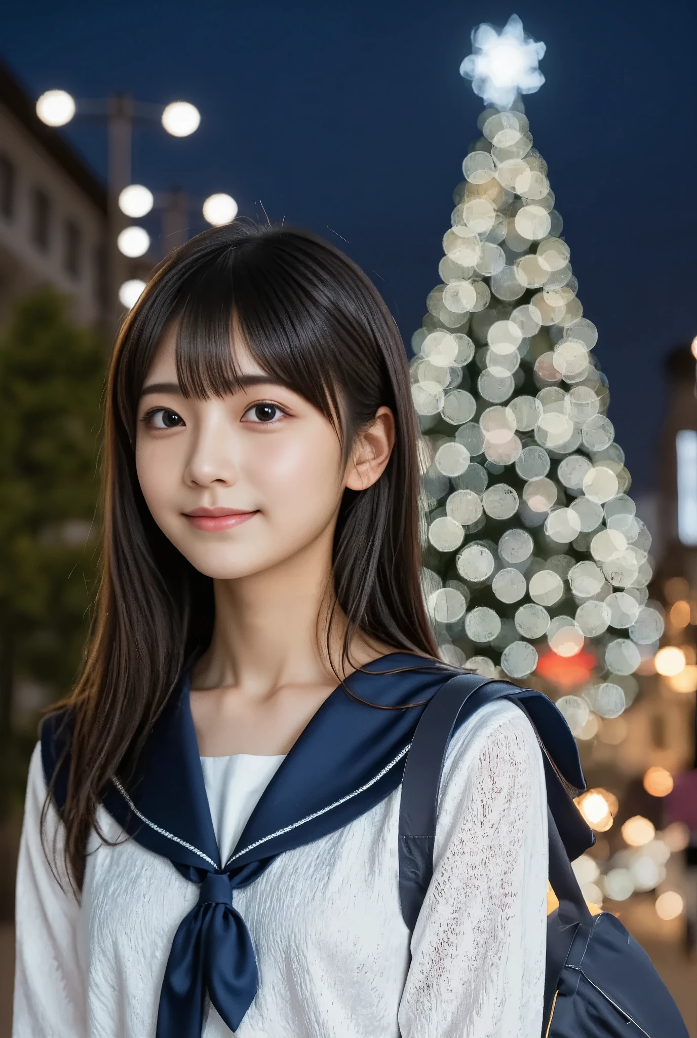 (nsfw:1.5), (masterpiece, best quality:1.2), 1girl, Alone, High girl、Baby Fry cute face:1.3), Black Hair, (( short hair)), (Cute white off-the-shoulder sweater )), (( sexy)), (smile), (( The background is beautiful city lights and Christmas trees at night)),