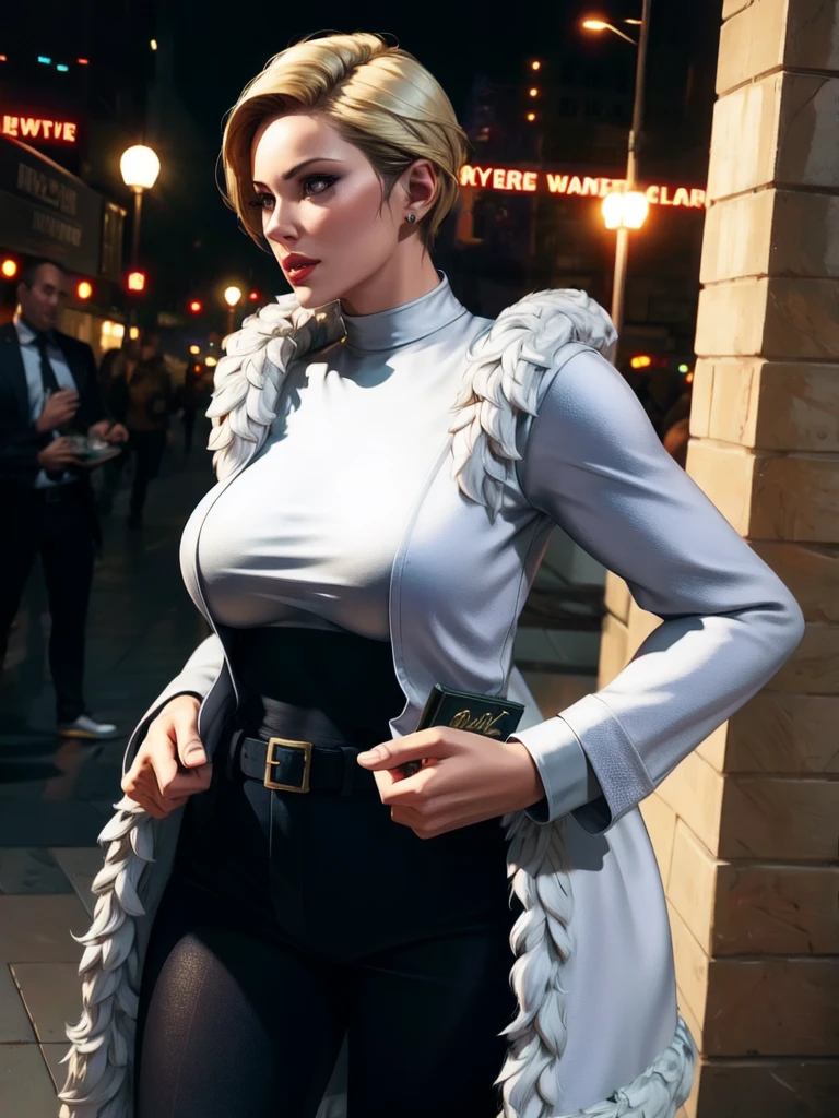 remove redish color ,masterpiece, strong depth of field, 1girl, maturems, solo, cyberpunk style background,cowboy shot, fighting standce, cleavage, breasts,white collar, delicate hand,  black female suit,  in highheels,<lora:matureTheKingOf_1:0.8>, look at viewer, bokeh,