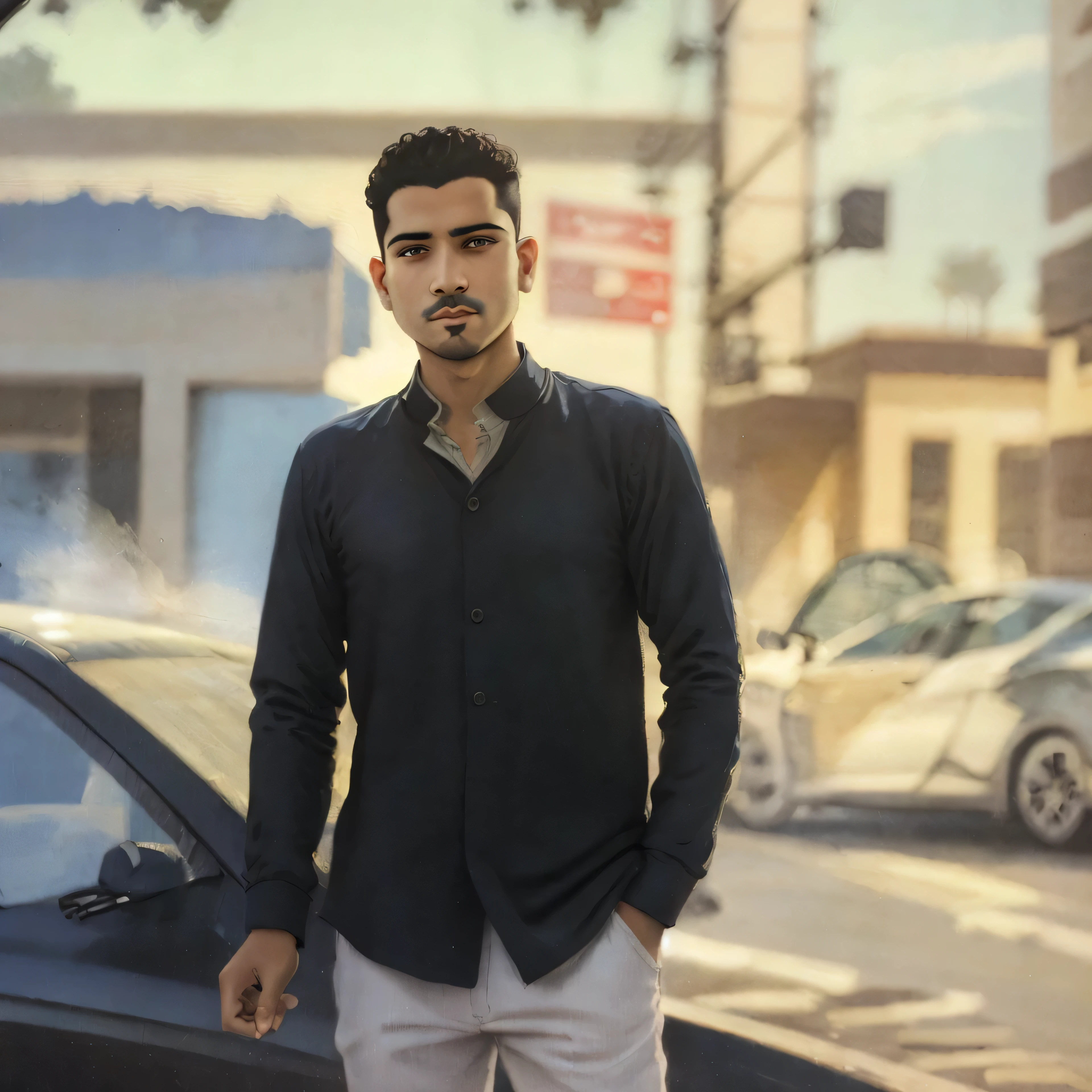 arafed man standing in front of a car on a city street, mohamed chahin, amr elshamy, mohamed chahin style, emad mostaque, in egypt, ahmad merheb, professional picture, mohamed reda, from egypt, around 1 , by Ahmed Yacoubi, atefHD, (Best Detail), (Best Quality), Vintage Poster, Traditional Media,