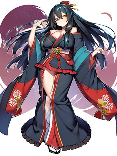 Tyo  ,Arifureta, sexy semi-human ,  with huge big round tits ,  NSFW,   long black hair , kimono,   fan and slender body wide hips and slim waist cute face looking at the viewer 