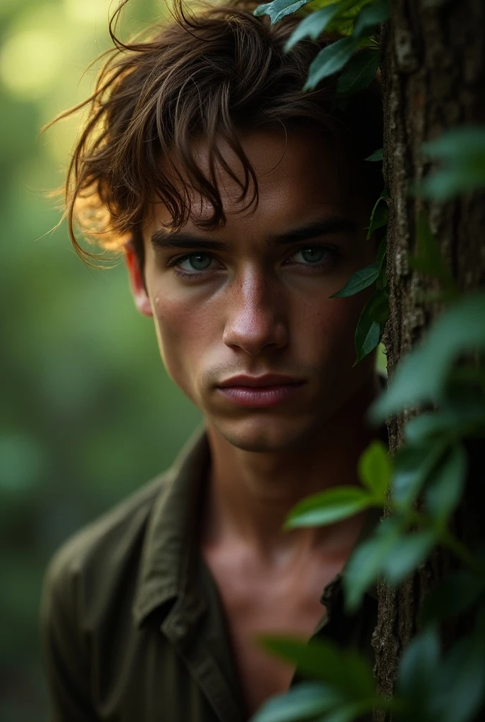 realistic photo, homme caucasien de 20 ans, torn clothes, yeux verts, cheveux noir courts, detailed face and body, dans la foret, Drawn abdominals, natural lighting, high resolution, photorealistic, (best quality,8k,high resolution,head of'artwork:1.2),ultra-detailed,(realistic,photorealistic,photo-realistic:1.37)