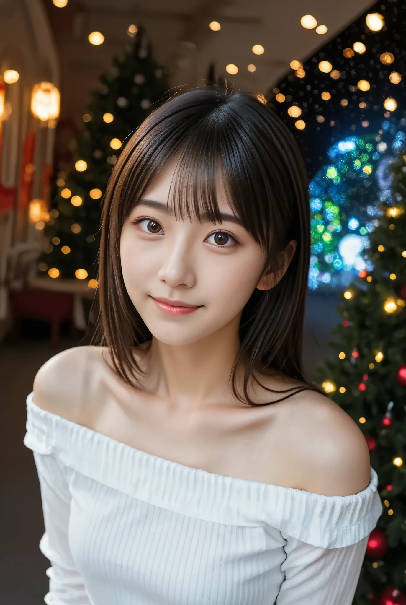 (nsfw:1.5), (masterpiece, best quality:1.2), 1girl, Alone, High school girl、Baby Face, ( very cute face:1.3),  Black Hair, (( short hair)), (Cute white off-the-shoulder sweater )), (( sexy)), (smile),  (( The background is beautiful city lights and Christmas trees at night)), 