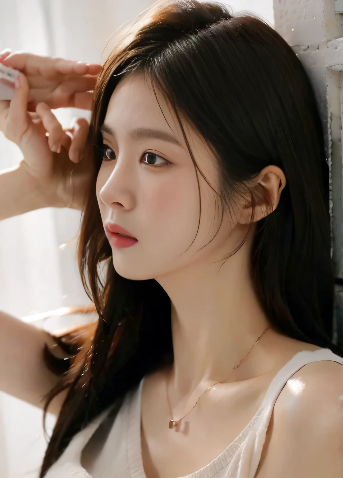 Photorealistic, close-up of a young Japanese woman with a small face and one eye hidden by her hair. Wet textured brown hair, natural makeup, soft lips, white tank top, emphasis on chest, large breasts, necklace.