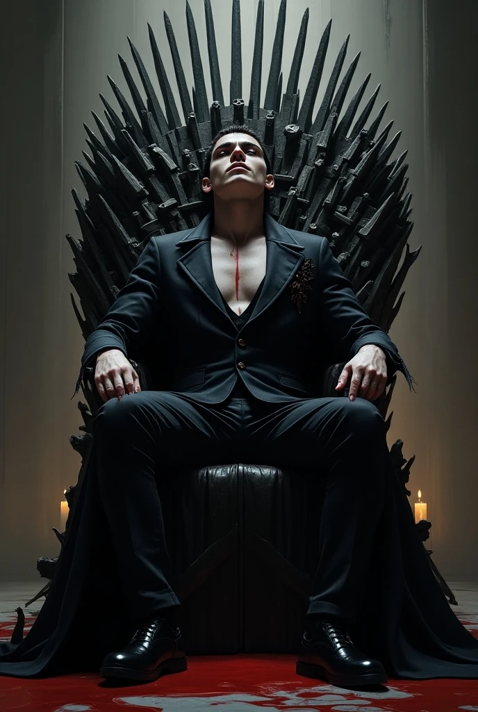 A distant image, of a large black throne of thorns and everything is dark, and an extremely handsome man, with purple eyes and pointy ears, muscular black hair, very sexy, black dress, sitting smugly, con una mirada very sexy, glowing home light 