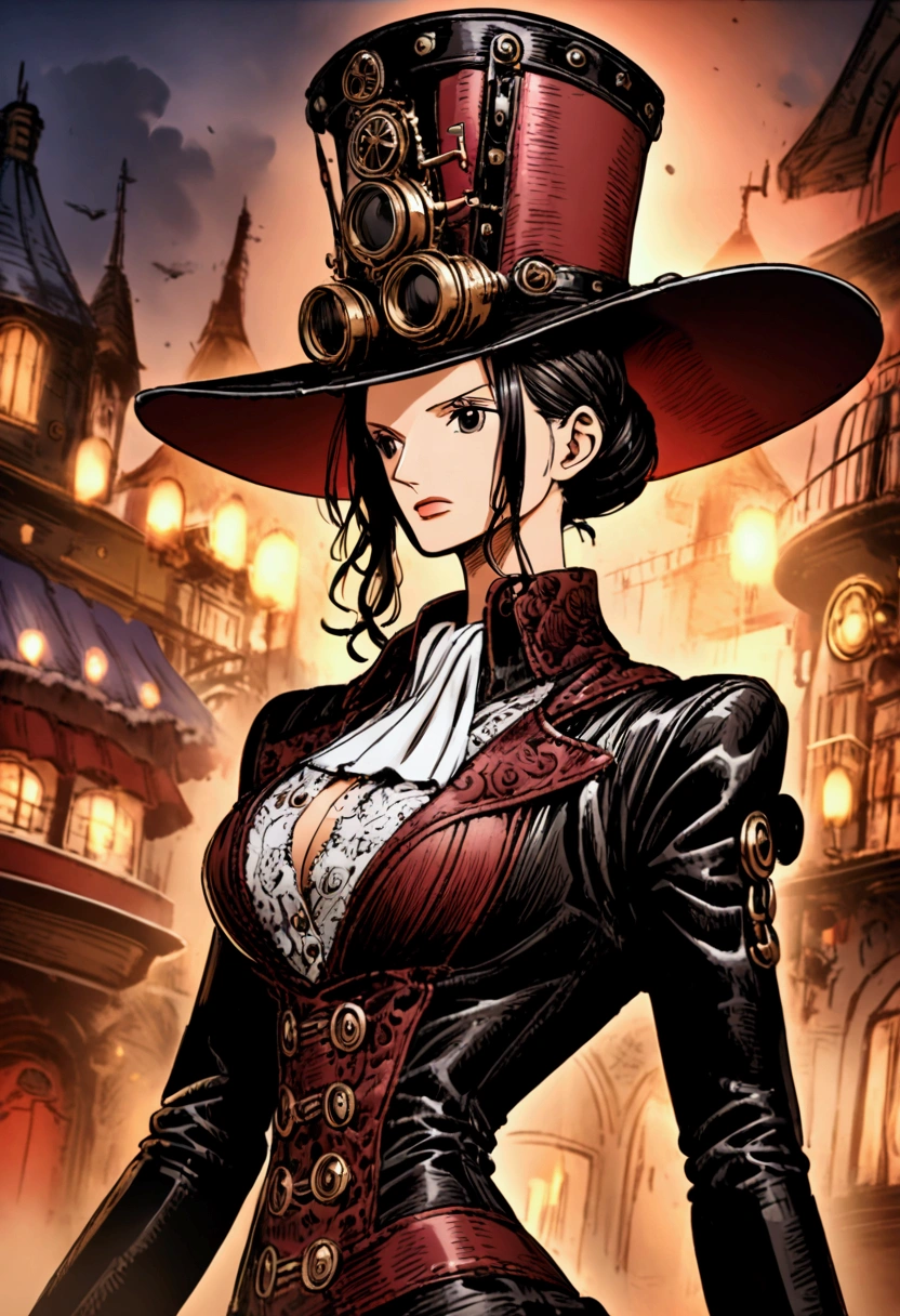 A one piece girl characters, pretty, elegant, steampunk clothes, purple and red colors, big hat