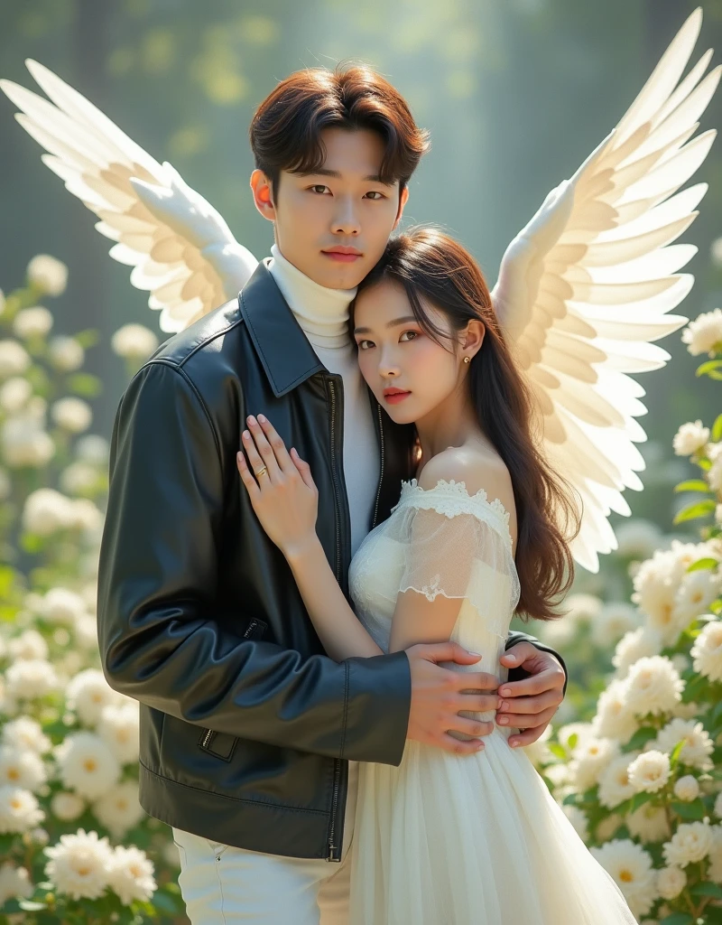 8K, masterpiece, photo, high quality, photography, ultra detail, depth of field, dof, 55 mm, soft light, bright and saturated colors, a junior boy and a junior girl in a white, ((with angel wings)) holding hands and looking sadly, in the corner a black mourning ribbon, a candle of memory, red carnation, dark background