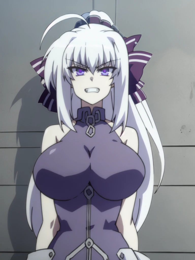 prison, concrete wall, concrete floor, femdom, dominatrix, ((((did_BJ)))), looking at viewer, throw, ((stare at viewer with stern eyes)), ((evil grin)), white hair, female standing, 
 1 girl,  Long Hair,  purple eyes,  chest, Ahoge,  large breasts, ribbon,  hair ribbon, ponytail,  bangs,
