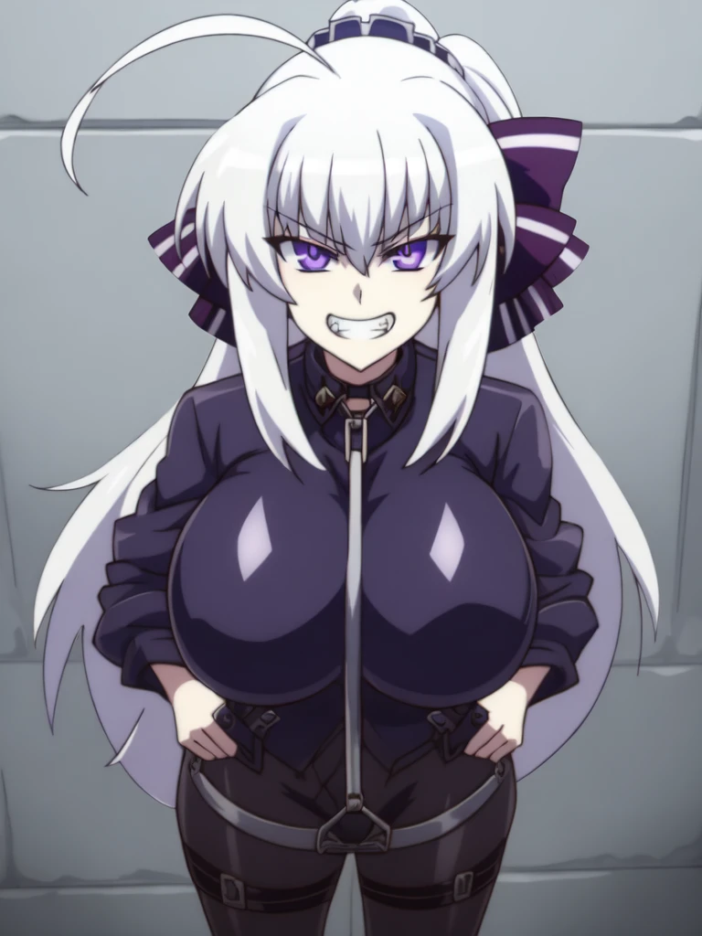 prison, concrete wall, concrete floor, femdom, dominatrix, ((((did_BJ)))), looking at viewer, throw, ((stare at viewer with stern eyes)), ((evil grin)), white hair, female standing, 
 1 girl,  Long Hair,  purple eyes,  chest, Ahoge,  large breasts, ribbon,  hair ribbon, ponytail,  bangs,
