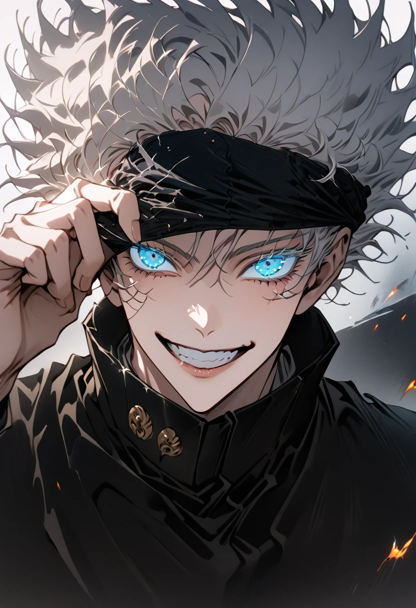 1boy, male focus, gojou satoru, jujutsu kaisen, black jacket, blindfold lift, blue eyes, glowing, glowing eyes, high collar, jacket, jujutsu tech uniform, solo, grin, white hair, masterpiece, best quality, very aesthetic, absurdres