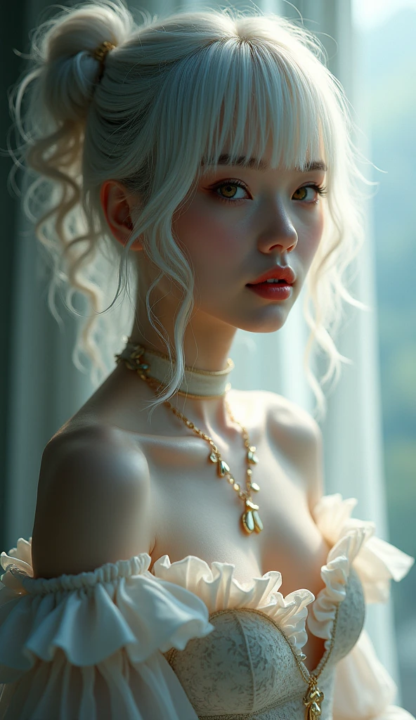 Create a woman with delicate features, heart shaped face, red lips, light eyelashes pale skin, curly white hair, Eyes red, small nose and big breasts, she is albino. She gives off an air of innocence, but sensuality at the same time
