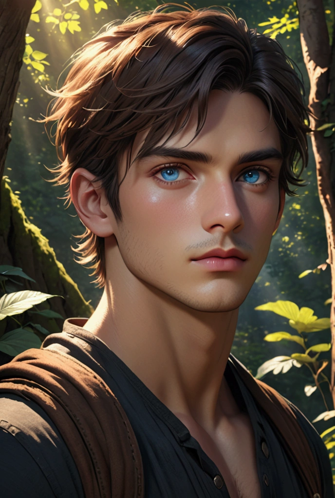 Man held his breath behind the tree, his face pale