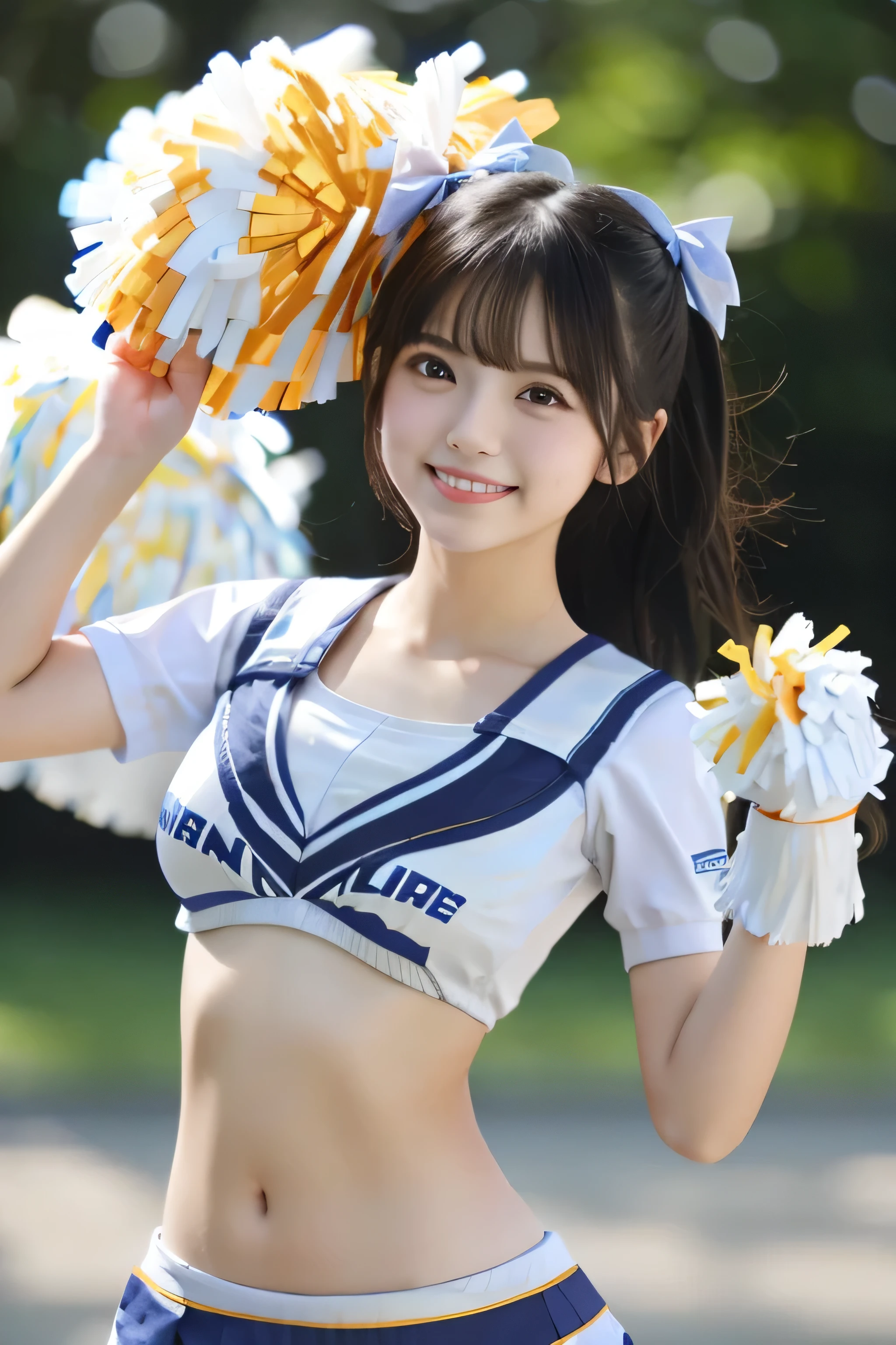 (Best-quality, Masterpiece, Ultra-High-Resolution, (Photorealistic:1.4), Raw Photo, depth of field, professional lighting, perfect anatomy, extremely details), 1girl, the most famous Japanese idol, (wearing cheerleading sleeveless-shirt, wearing cheerleading pleated-skirt over cheerleading panties), ((upturned hip)), ((extremely cute face, ((extremely cute big-eyes)), extremely cute hair), ((extremely beautiful and extremely realistic skins))), extremely beautiful legs, dynamic pose, looking at viewer, innocent smile