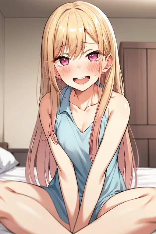 ((Best Quality)), ((masterpiece)), (be familiar with),  perfect face, indoor, bedroom,  watching viewers ,
One woman,  Kitakawa Kaiumi,
 characters with open mouth ,  ecstatic expression, blush, smile,
Small breasts,  flat chest, Young girl, Lori,  s,  girl,
Long Hair,  long hair ,
Leg spread,