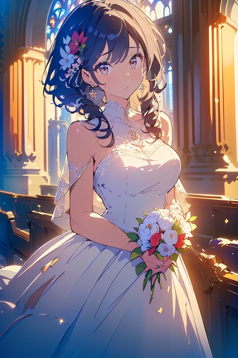 (((Best quality, 8k, Masterpiece: 1.3)), ((best quality)), ((masterpiece)), (detailed), perfect face, perfect body, ((best quality)), ((masterpiece)), (detailed), perfect face, (best quality), (detailed skin:1.3), (intricate details), curly hair, Wedding, wedding dress, expression of joy, holding a bouquet in both hands, pure white dress, black hair, earrings, engagement ring, church