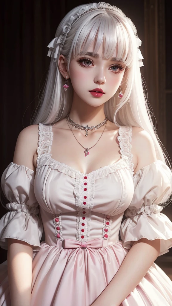 (((Masterpiece, best quality, highres))), (((vampire girl, red eyes, evil smile))), ((pale skin)), ((gothic white dress, bob cut hair, white hair)), hyperrealist portrait of female by david hockney and alphonse mucha, fantasy art, photo realistic, dynamic lighting, artstation, poster, volumetric lighting, very detailed faces, perfect face, 4 k, award winning, 1girl, in the dark, deep shadow, low key, cowboy shot)).