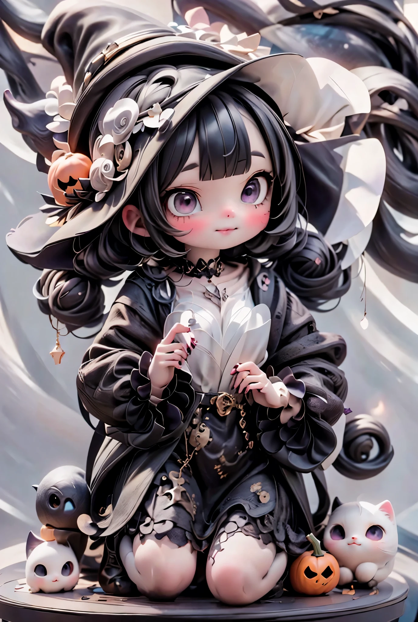 a cute witch preparing halloween decoration at night