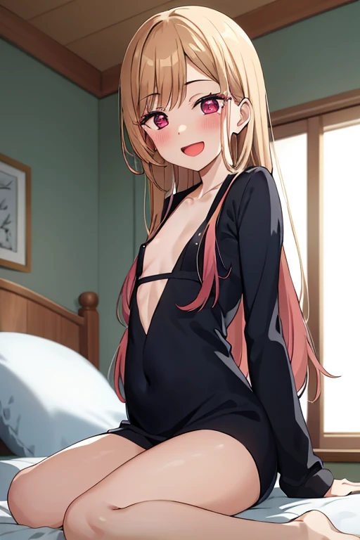 ((Best Quality)), ((masterpiece)), (be familiar with),  perfect face, indoor, bedroom,  watching viewers ,
One woman,  Kitakawa Kaiumi,
 characters with open mouth ,  ecstatic expression, blush, smile,
Small breasts,  flat chest, Young girl, Lori,  s,  girl,
Long Hair,  long hair ,
Leg spread,