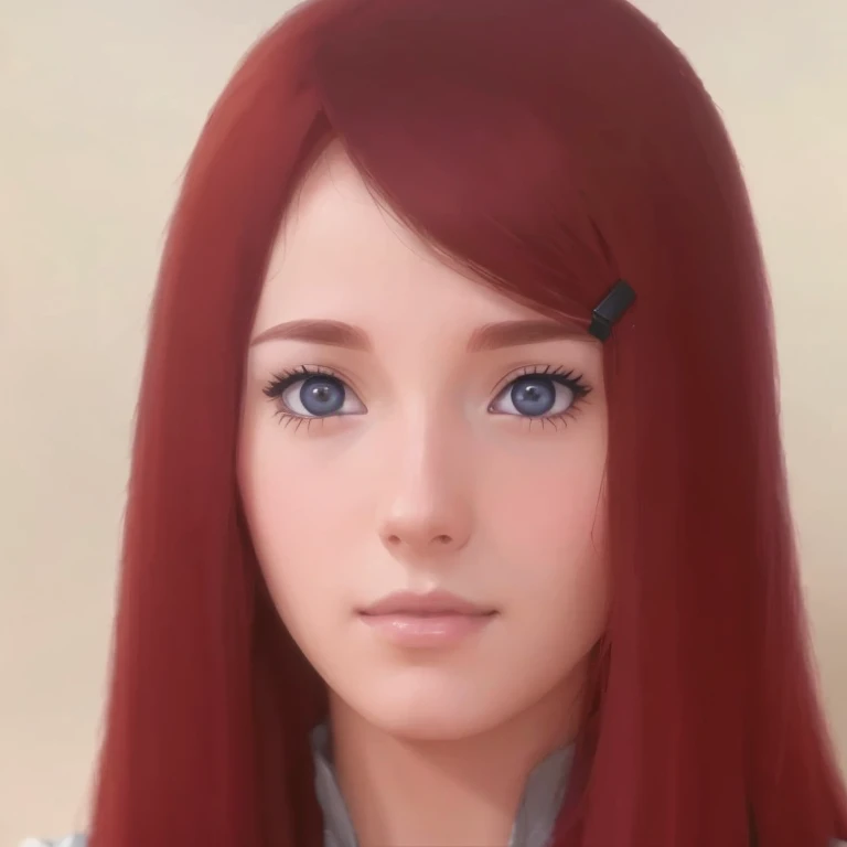      a 19-year-old girl  (perfecta,linda). of Eastern European origin(perfecta,linda, elegant, beautiful), Red hair, slightly violet eyes ,  big eyes, ojos beautifuls, semi-sharp eyes , Japanese clothing , square hair clip,  Round pupils  ,rostro(beautiful), form(perfecta), way(perfecta), outlined in  (eyes,eyebrows),  High level of detail ,  Just looking at the viewer  ,  charming smile  , (realistic:1.4),(:1.0),  masterpiece  , 8k pixels,  The best quality, Red hair  High level of detail 8k pixels, (better light), retrato realistic, Kushina Uzumaki.