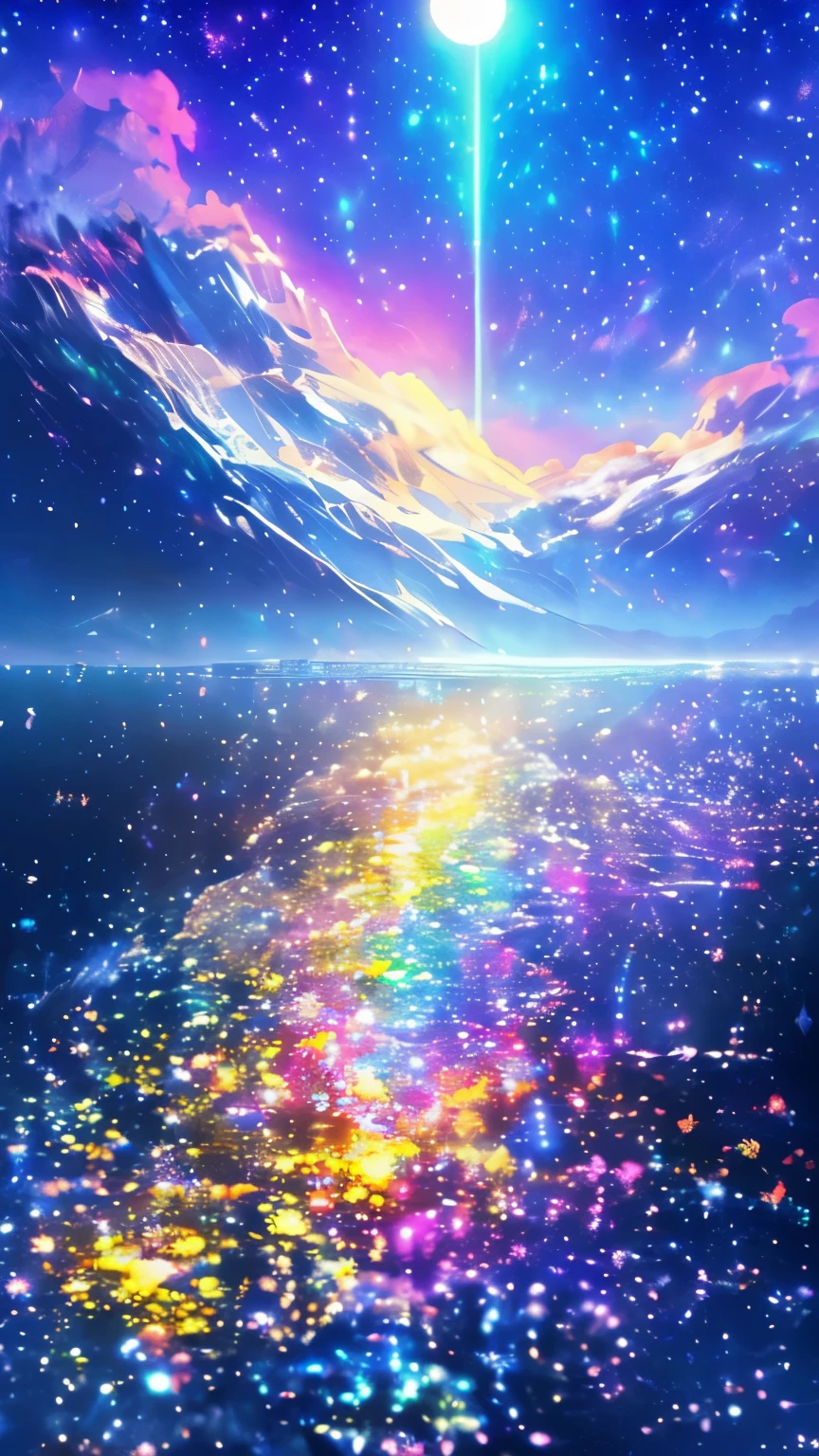 (( The pale yellow moon of a supergiant star ))(( A subjective representation of a profile looking up.)、On a multicoloured background、 River painting with stars and moon in the iridescent sky 、 Brilliant Skyscrapers 、Overall brightness、 inspired by Mitsuoki Tosa 、 winners of the pixiv contest 、highest quality、fantasy art、 Beautiful anime scene 、bright moon、 moonlight star environment 、painting of dreams、anime background Art、 Fantasy landscape painting 、fantasy knight、anime background、 background artwork 、marvelous芸術、Atmospheric anime、starry sky、 Improvements in details 、, vibrant colors , Rainbow and Bright Sun .16K, Ultra High Resolution, iridescent、be born,marvelous ,future、iridescent、The world in 30 years。