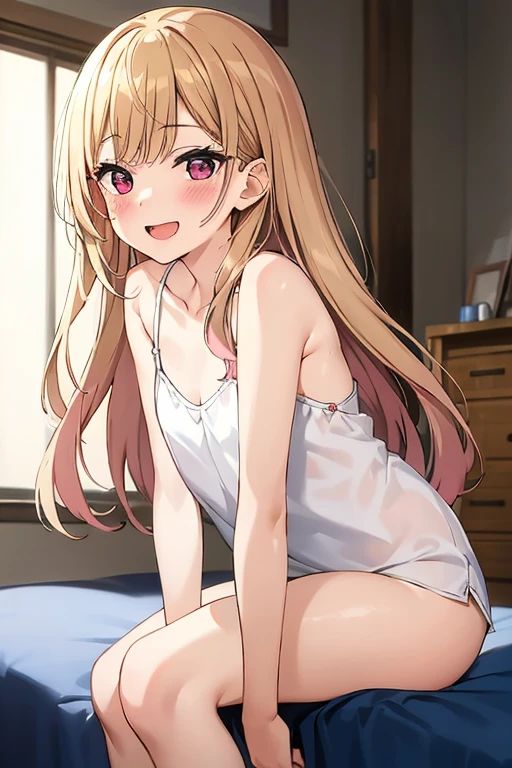 ((Best Quality)), ((masterpiece)), (be familiar with),  perfect face, indoor, bedroom,  watching viewers ,
One woman,  Kitakawa Kaiumi,
 characters with open mouth ,  ecstatic expression, blush, smile,
Small breasts,  flat chest, Young girl, Lori,  s,  girl,
Long Hair,  long hair ,
Leg spread,