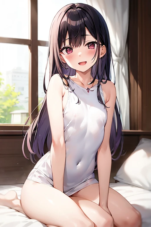 ((Best Quality)), ((masterpiece)), (be familiar with),  perfect face, indoor, bedroom,  watching viewers ,
One woman,  Kitakawa Kaiumi,
 characters with open mouth ,  ecstatic expression, blush, smile,
Small breasts,  flat chest, Young girl, Lori,  s,  girl,
Long Hair,  long hair ,
Leg spread,