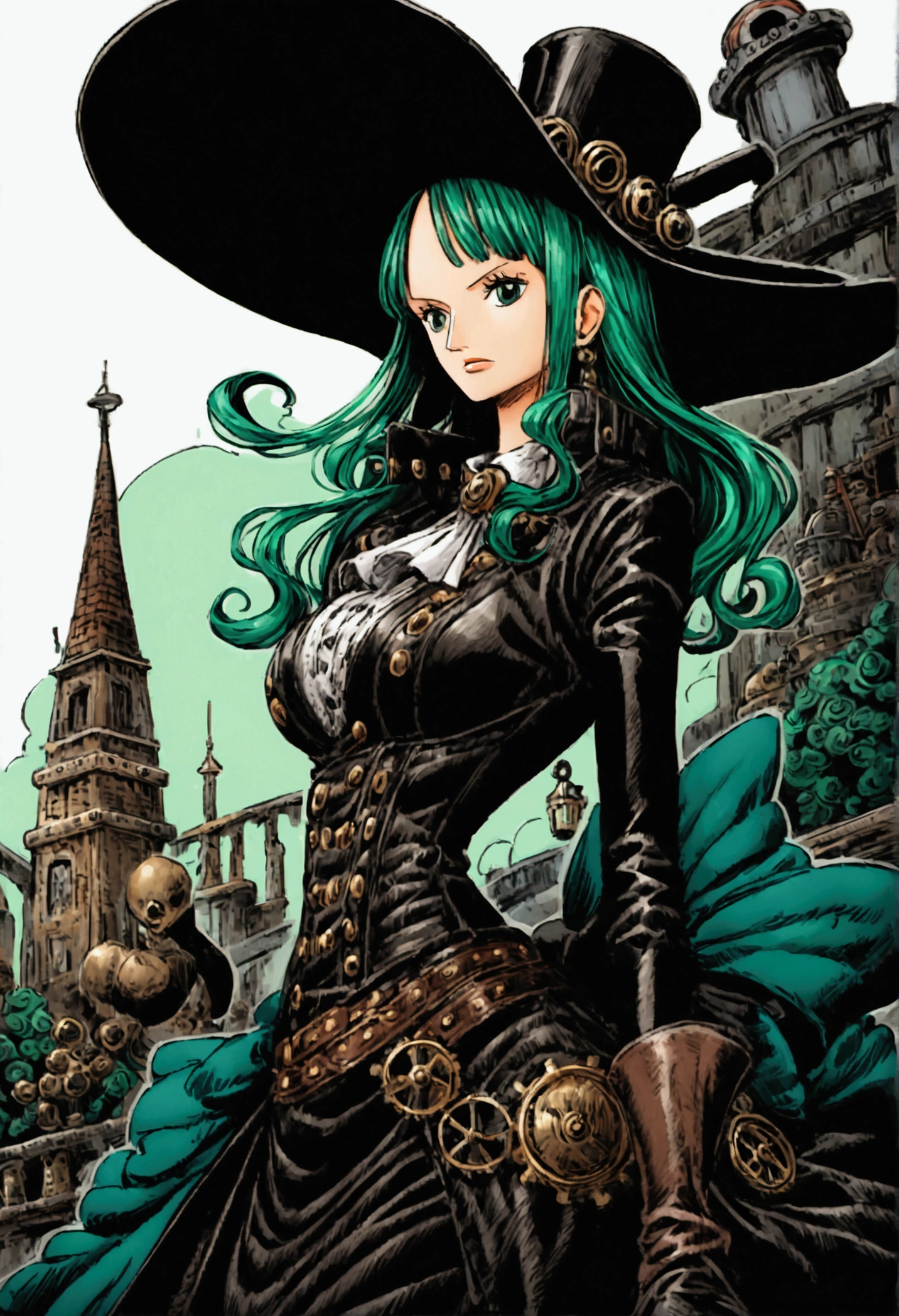 A one piece girl characters, pretty, elegant, steampunk clothes, blue and green colors, big hat